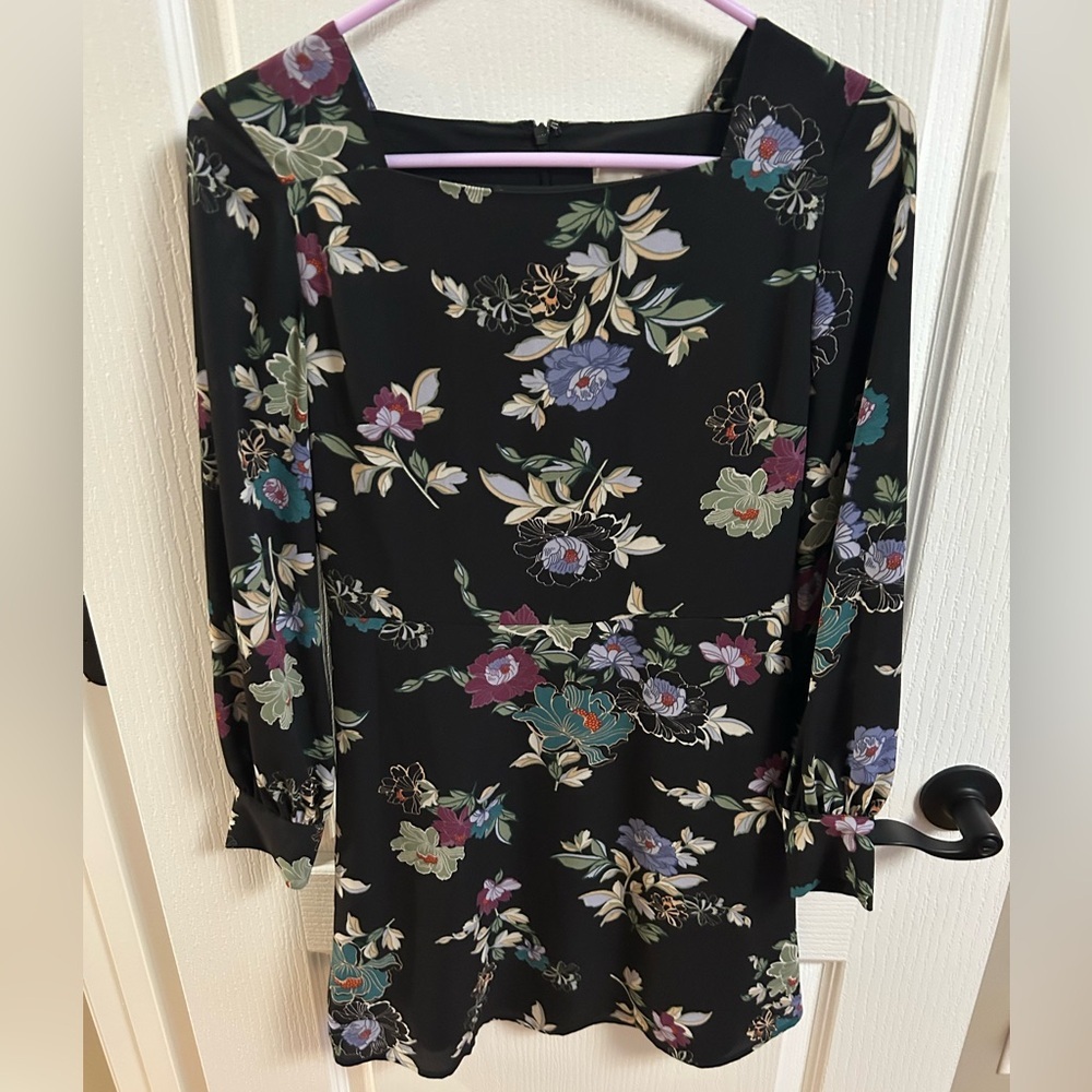 LOFT Black Floral Long Sleeve Dress